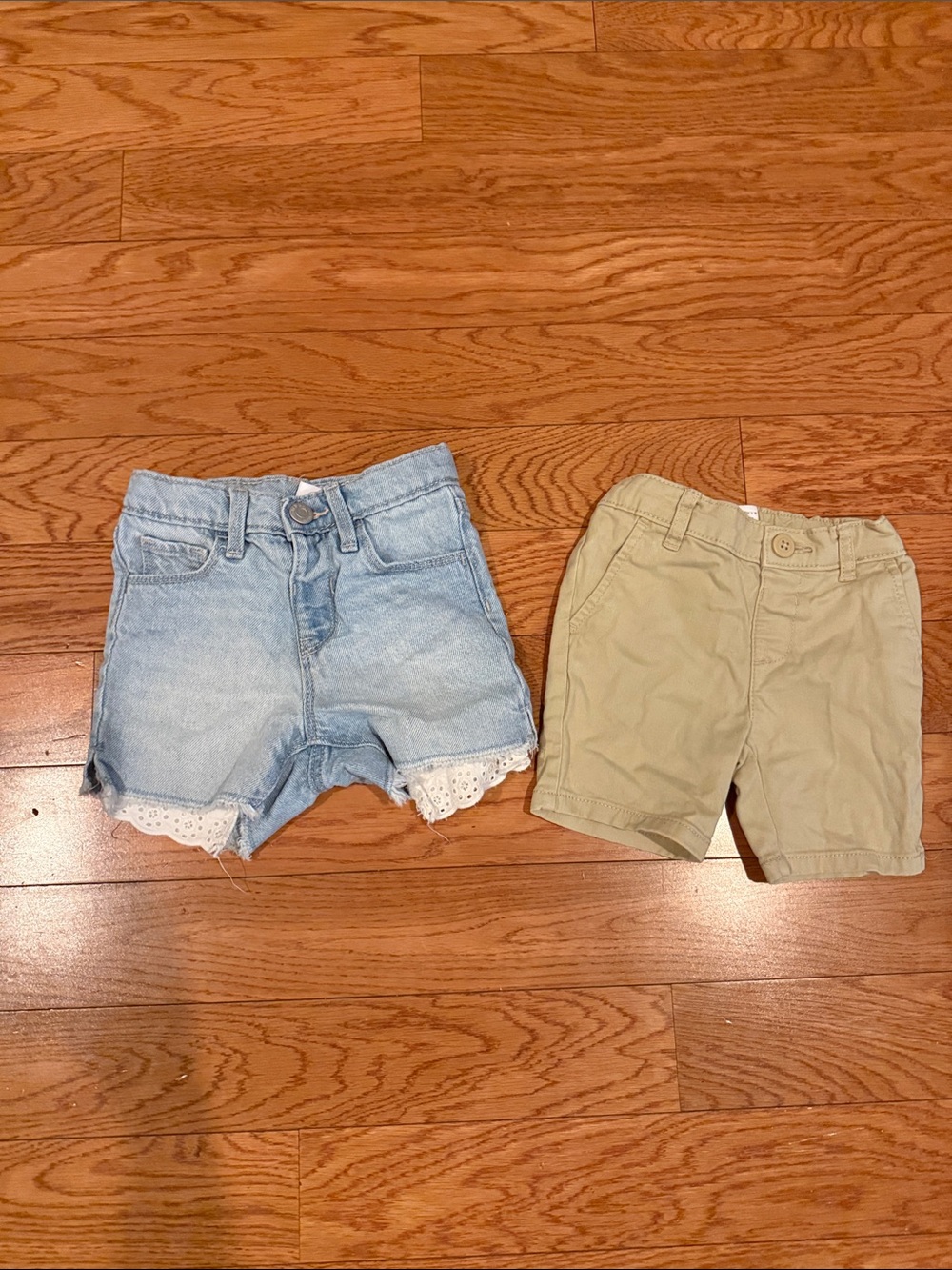 2 Old Navy Light Blue Denim Lace-Trim Shorts 3t & Khaki Pull-On Shorts 2t